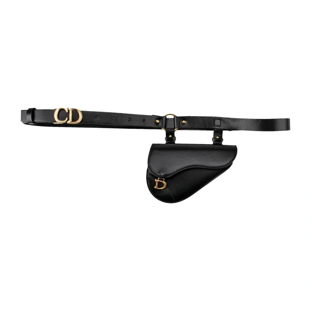 Christian Dior saddle Black Leather logo Belt with Gold Sz 85